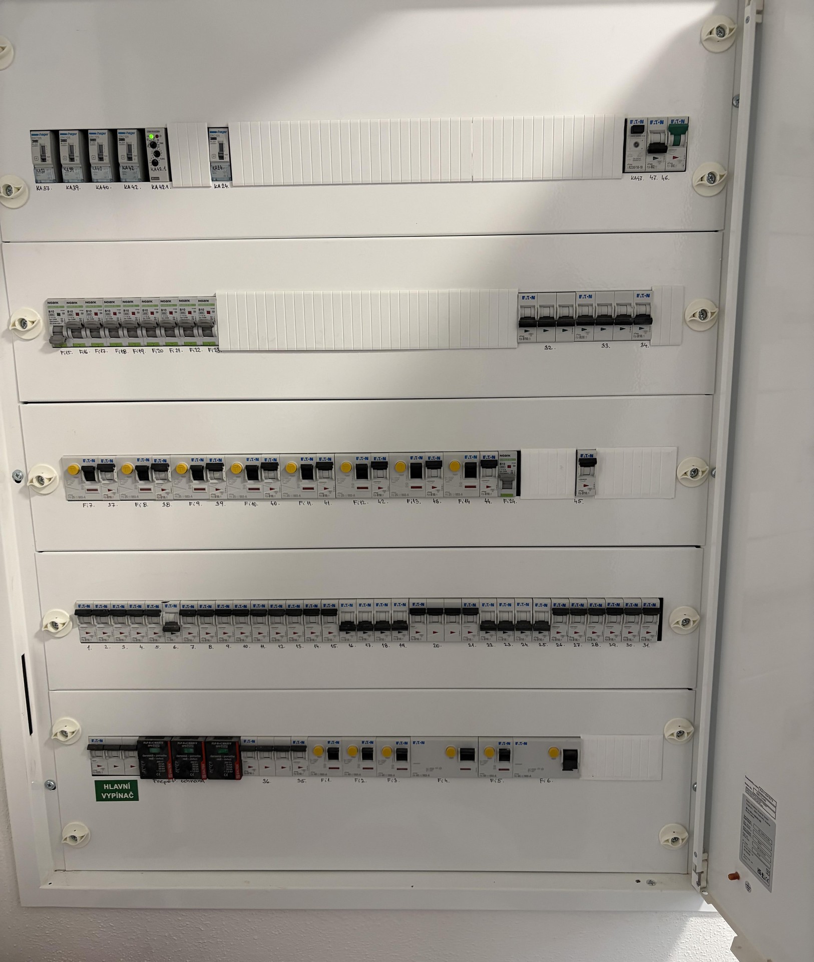 Kompletní montáž elektrického rozvaděče s jističi, chrániči a přepěťovou ochranou.