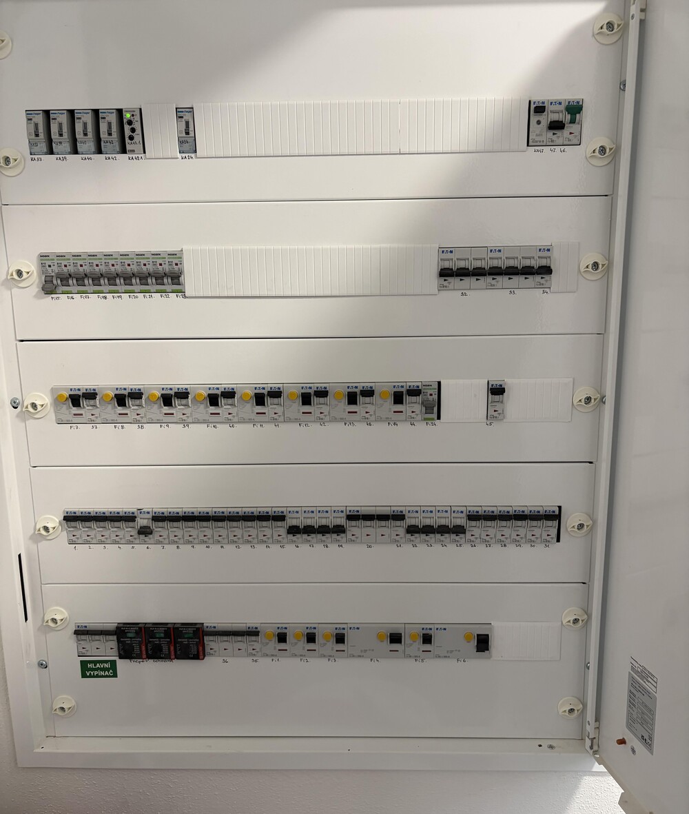 Kompletní montáž elektrického rozvaděče s jističi, chrániči a přepěťovou ochranou.